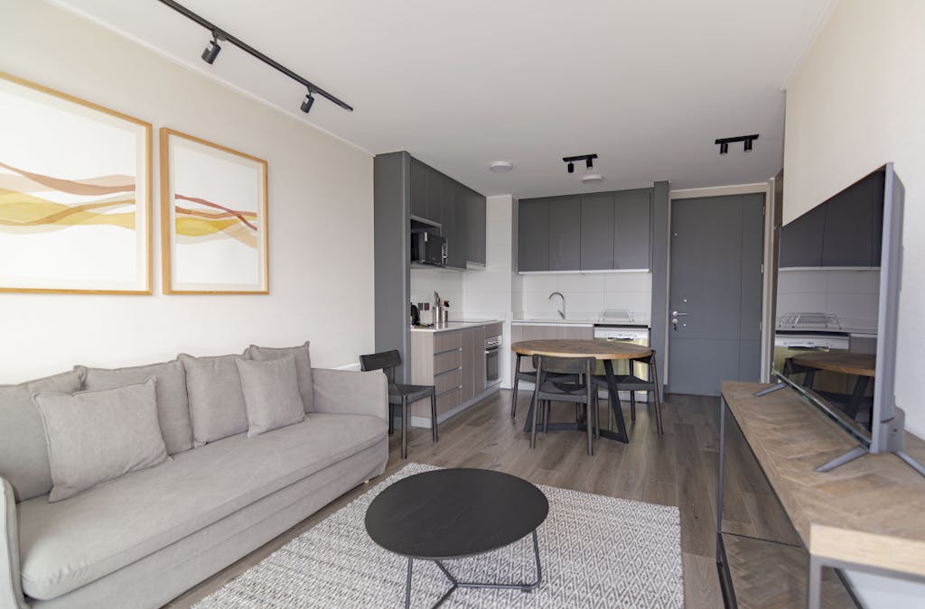 Elegant modern living space with grey couch, minimalist decor, and open kitchenette.