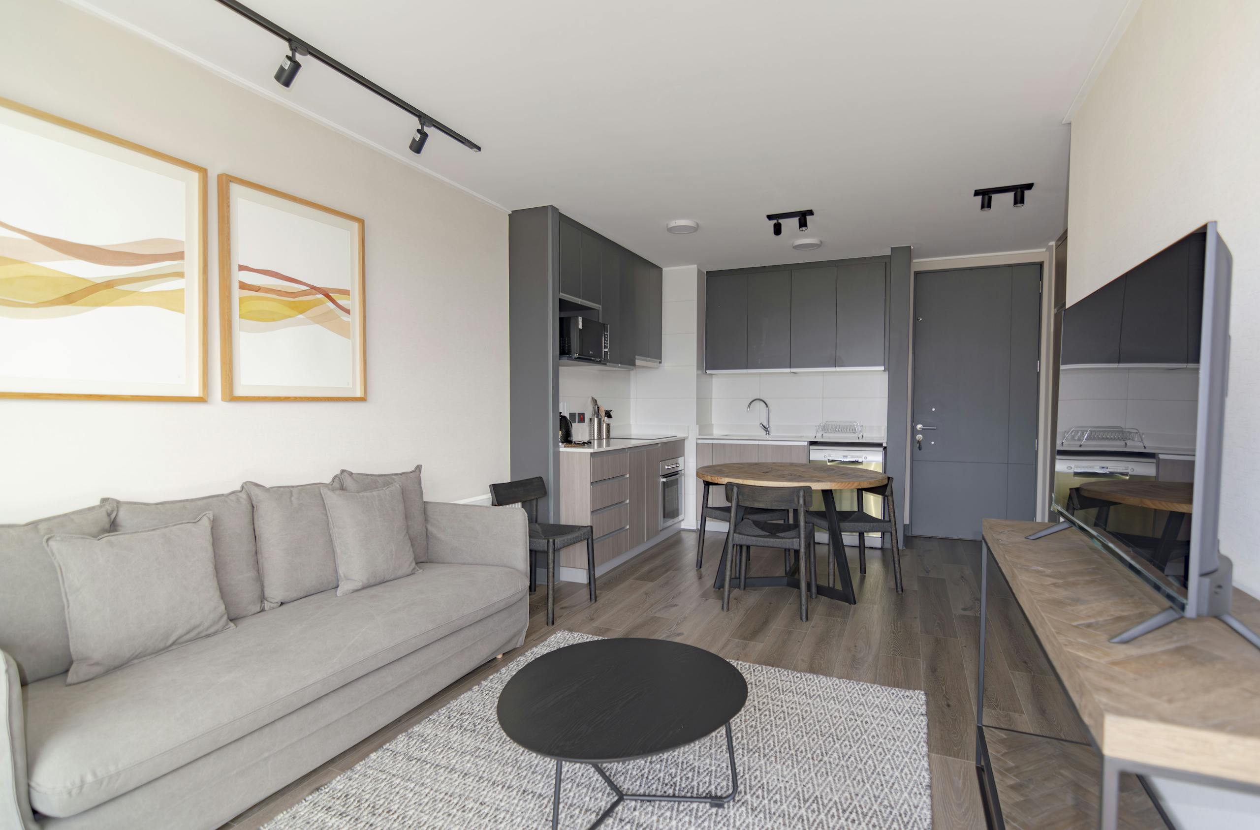 Elegant modern living space with grey couch, minimalist decor, and open kitchenette.